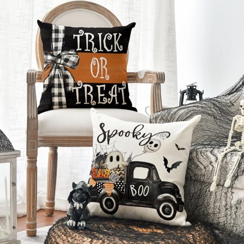 AVOIN colorlife Happy Halloween Ghost Bat Throw Pillow Covers, 18x18 Inch (Set of 4)