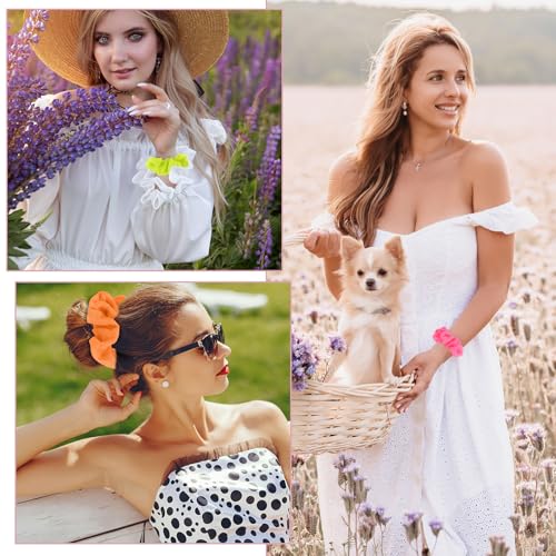 Ymapinc 4pcs Neon Chiffon Hair Scrunchies - 80s Vibrant Elastic Ponytail Holders