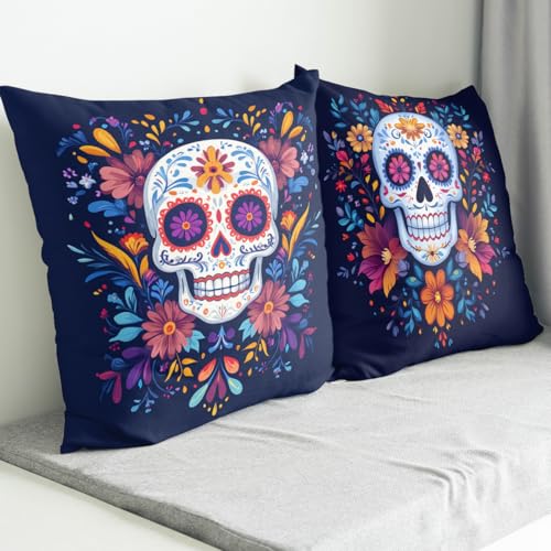 Sugar Skull Throw Pillow Covers 18x18 Inch - Set of 4 Floral Sofa Cases
