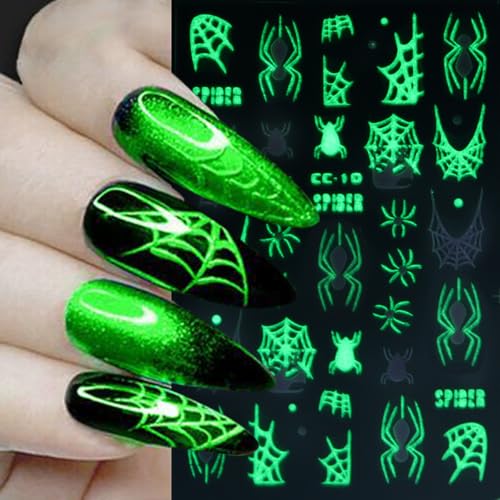 Halloween Luminous Nail Stickers 3D Glow in the Dark Ghost Spider Decals 8 Sheets