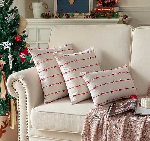 Boho Christmas Throw Pillow Covers 18x18 Inches Set of 2 Beige & Red Farmhouse Decor