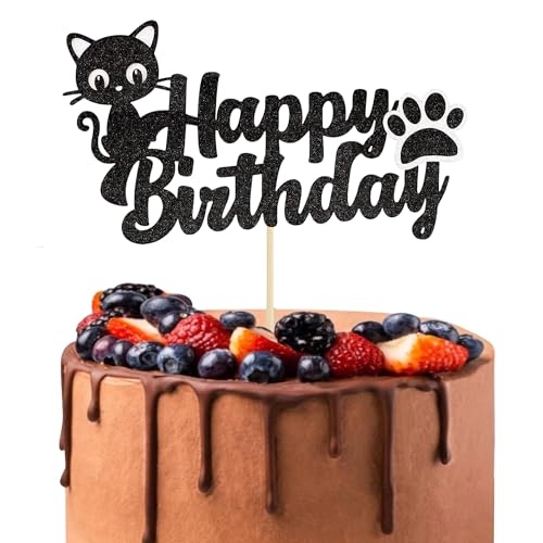 Black Glitter Cat Cake Topper Kitten Birthday Party Decoration