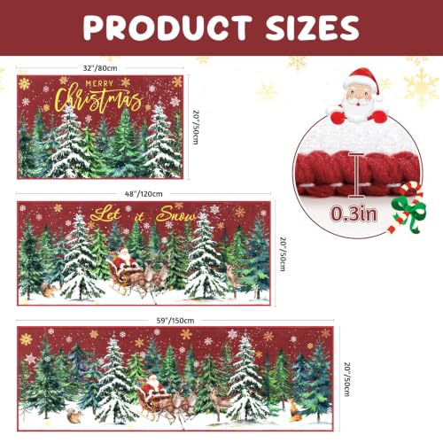 Christmas Washable Kitchen Rugs Set of 3 Non-Slip Backing 20x32/47/59 Inches