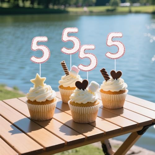 10 Pink Glitter Number 5 Cupcake Toppers for Birthday Parties