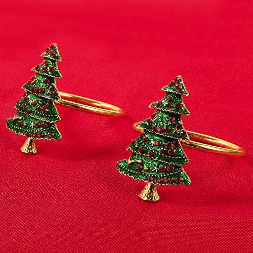 Classic 6 pcs Christmas Tree Napkin Rings Set - Gold & Red Berries, Holiday Table Decor