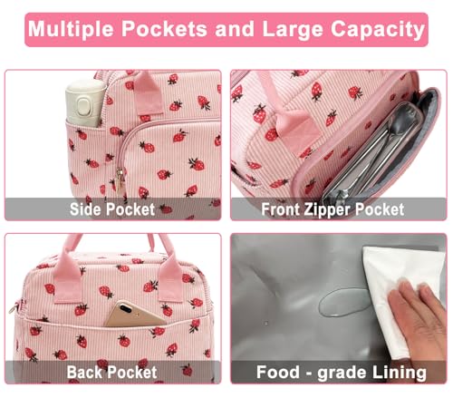 Beurlike Strawberry Pink Insulated Lunch Bag - Corduroy Tote for Work & Picnic