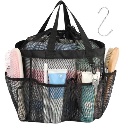 F-color Mesh Shower Caddy with Drawstring - Portable Dorm Shower Bag, Black