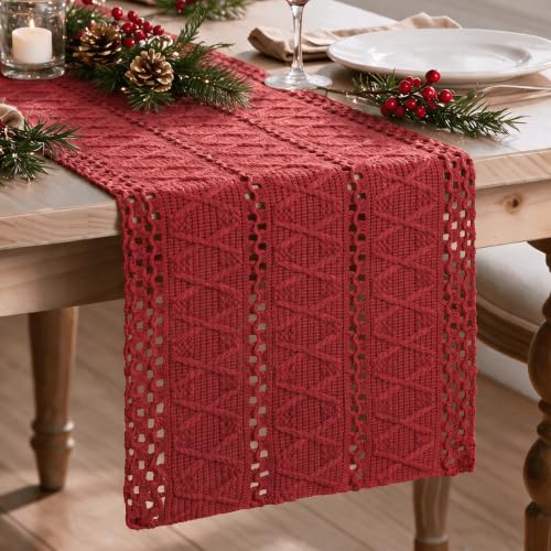 Rose Red Woven Farmhouse Table Runner 12x120 Inch - Durable Cotton Polyester