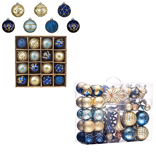 Blue and Gold Christmas Ornaments Set - Shatterproof Holiday Tree Decorations, 2-Pack