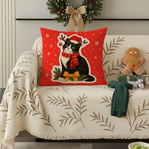 Red Christmas Tuxedo Cat Pillow Cover 18x18 - Festive Decor