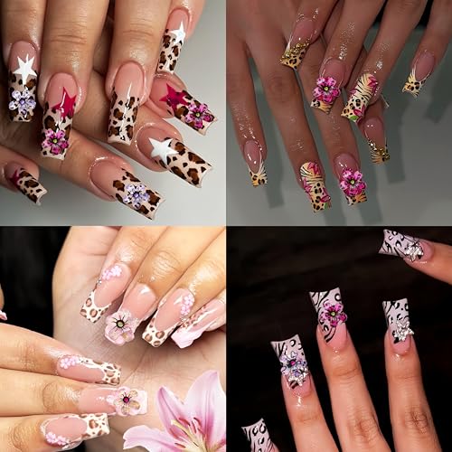 150 Pcs Leopard Print Flower Nail Charms 3D Floral Rhinestones