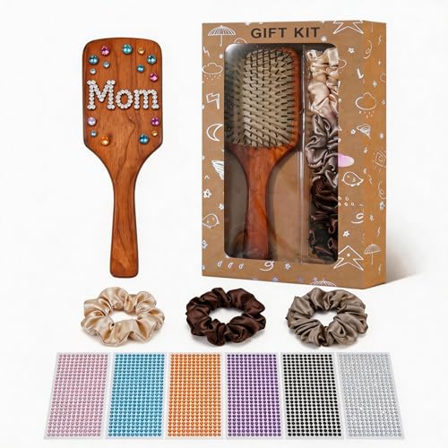 Wooden Hair Brush Set with Satin Scrunchies and DIY Stickers