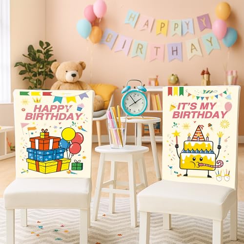 Beige 2 Pack Happy Birthday Chair Back Covers for Parties, 19.7" x 23.6" Polyester Slipcovers