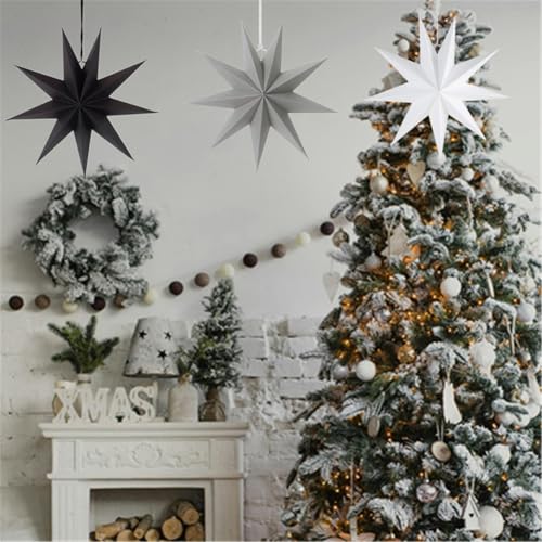 3-Pack 12-inch Paper Star Lantern Ornaments for Wedding Christmas Party - Grey Black White