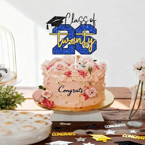 Class of 2026 Graduation Cake Topper - Blue & Gold Glitter