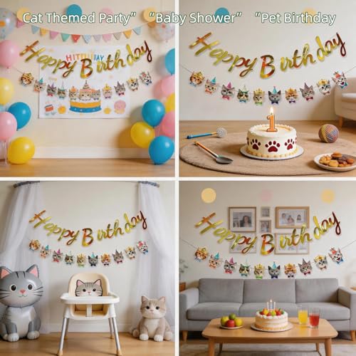 Cat Birthday Banner Set - 10 Cute Cat Face Decorations
