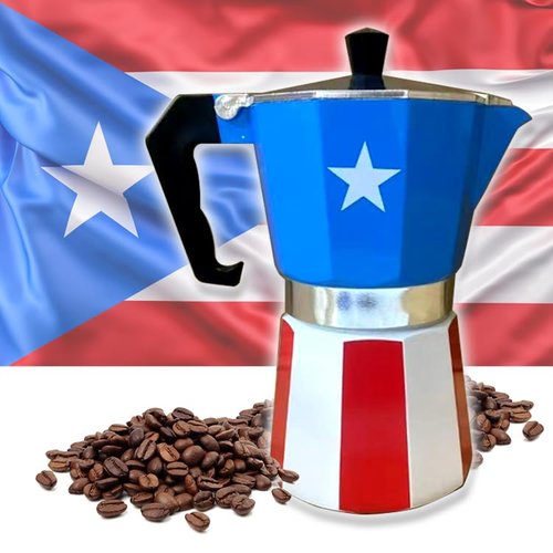 PRK 14 Puerto Rico Coffee Pot – Aluminum Moka Pot with Puerto Rican Flag Design | Traditional Stovetop Espresso Maker for Authentic Cafe Boricua