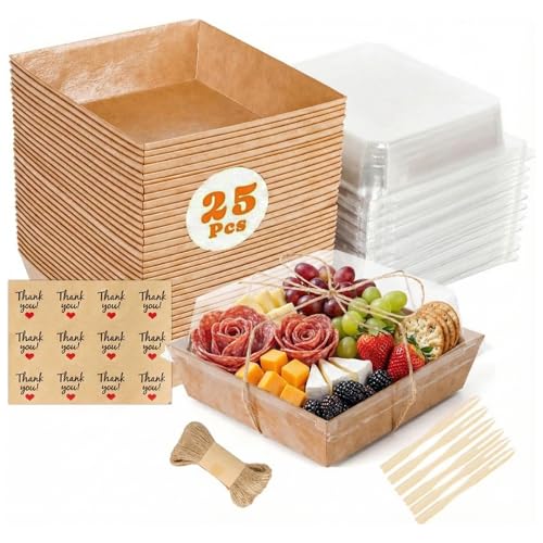 25 Pack Mini Charcuterie Boxes with Clear Lids - Disposable Food Containers