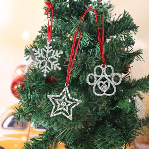 Set of 3 Silver Metal Christmas Tree Ornaments with Red Ribbon