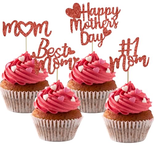12pcs Mother's Day Cupcake Toppers - Glitter Red Decorations