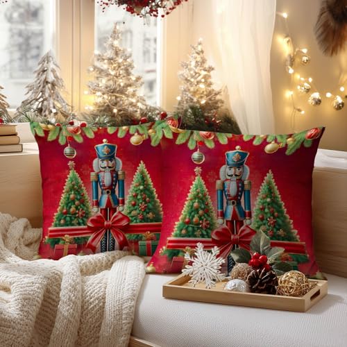 Christmas Nutcracker Soldier Pillow Covers Set of 2 | 18x18 Inch Linen Holiday Cushion for Sofa & Home Decor