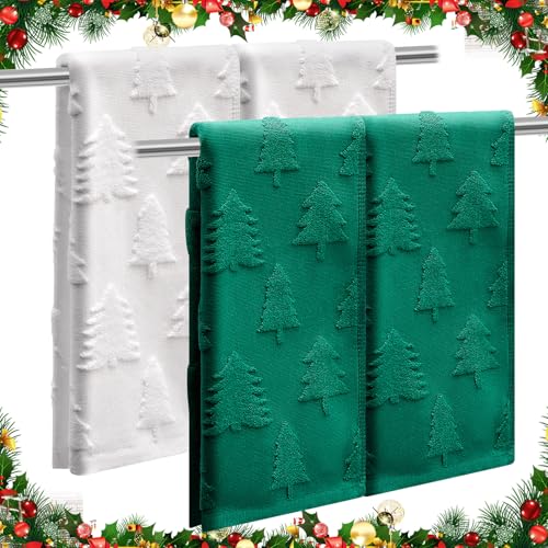 Remagr 4 Pack Christmas Hand Towels with 3D Jacquard Christmas Tree Design - White & Green