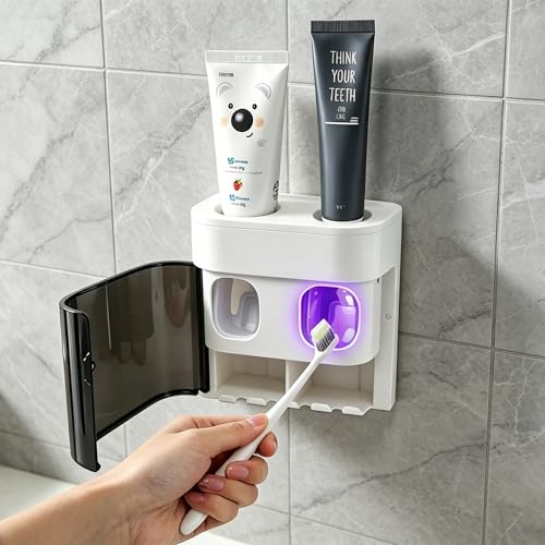 WINRIOO Wall Mounted Toothbrush Holder with Automatic Toothpaste Dispenser