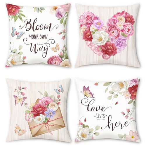 Bonhause Spring Floral Throw Pillow Covers - Set of 4, 18x18 Inch