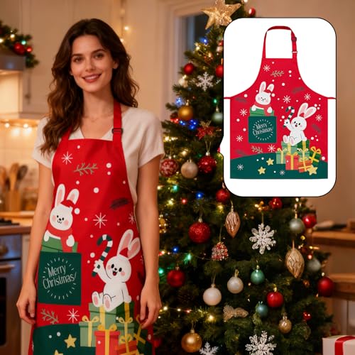 Christmas Funny Kitchen Apron with Cute Rabbit Design and Adjustable Bib
