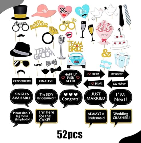 52-Piece Wedding Photo Booth Prop Kit for Bridal Shower and Engagement