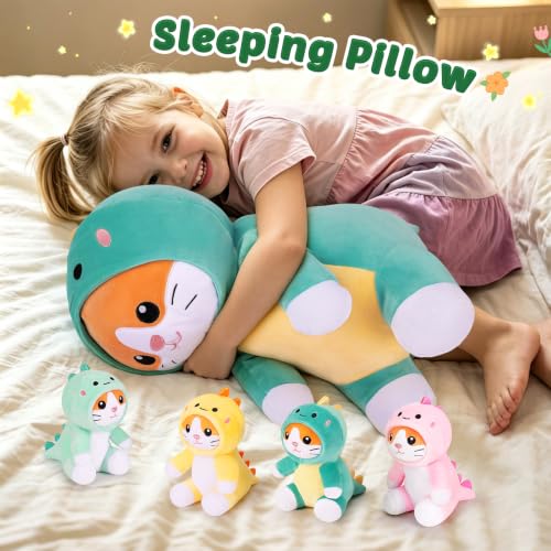 Dinosaur Cat Plush Family Set - Large Mommy & 4 Baby Kittens Kawaii Pillow - Kids & Adults Gift