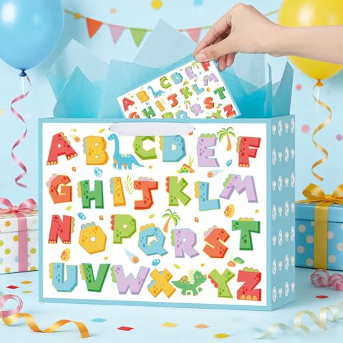 Large Baby Boy Dinosaur Gift Bag with Tissue Paper and Greeting Card