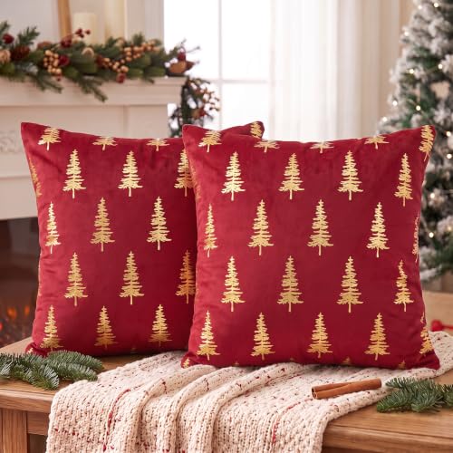 Christmas Red Velvet Throw Pillow Cover 20 x 20 Inches Set of 2 with Gold Foil Tree Design