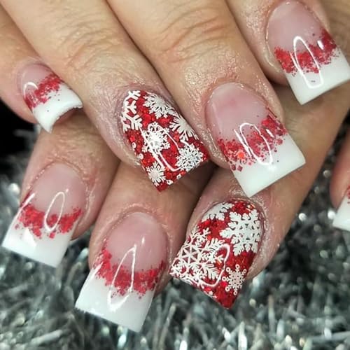 Christmas Press On Nails Short Square Glossy Acrylic False Nails