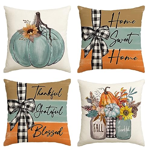 Blue Fall Pumpkin Throw Pillow Covers Set of 4 18x18 Inches Home Decor