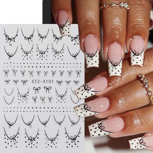 French Nail Stickers 6 Sheets Self-Adhesive Red Black Bow Heart Decals