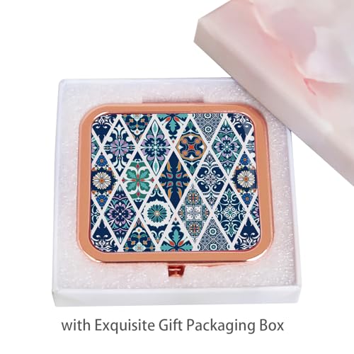 Purse Mirror Compact, Rose Gold Square Metal Pocket Mirror 1X/2X