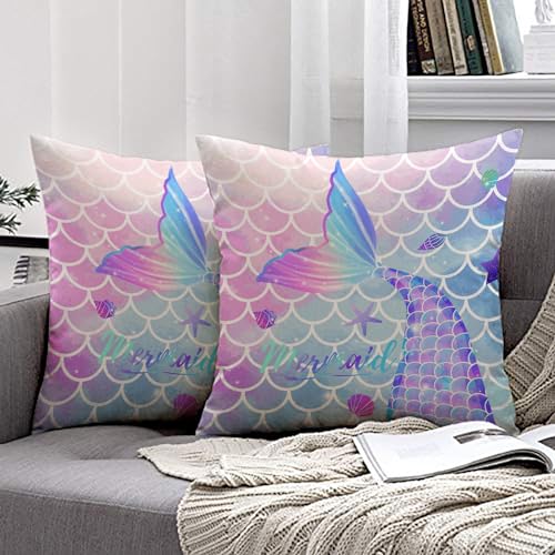 Mermaid Throw Pillow Covers 18x18, Soft Decorative Pillowcases (Mer01) - 2 Pack