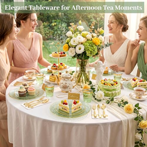 Sage Green Plastic Dinnerware Set for 25 Guests - 175 Pieces, Gold Rim & Hammer Pattern