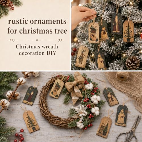 Rustic Christmas Snowman Ornaments Set - Primitive Holiday Tree Decor with Jute Loops - 12 Pieces