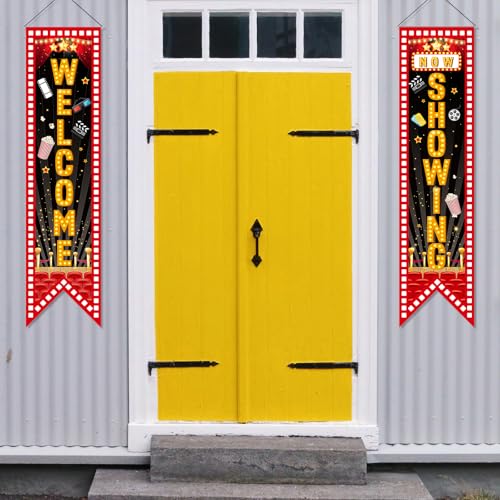Movie Night Porch Banners - 2 pcs Welcome & Now Showing Signs, 47.2x11.8 Inch
