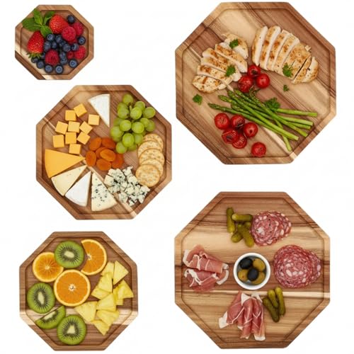 Acacia Wood Serving Trays Set of 5 - Octagon Style, 6-14 Inches