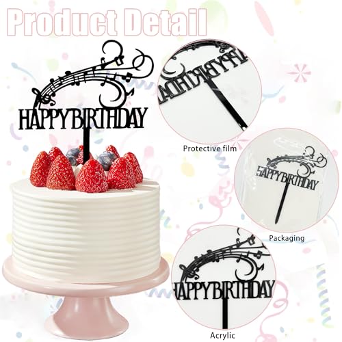 Musical Note Happy Birthday Cake Topper - Black Acrylic Decoration