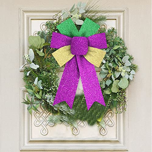 Hying 2 Pieces Mardi Gras Wreath Bows, Glitter Green Purple Gold Fat Tuesday Front Door Decor