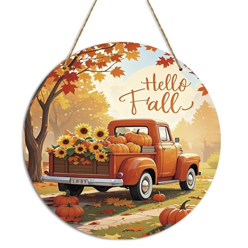 Hello Fall Wooden Hanging Sign for Front Door Autumn Home Decor
