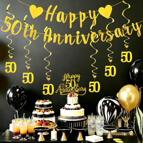50th Wedding Anniversary Decoration Set - Glitter Gold Banner & Cake Topper
