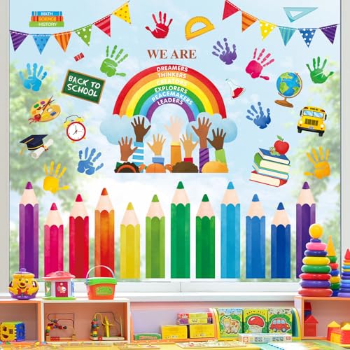 Decalmile Reusable Window Clings - Rainbow Pencils Decor for Kids