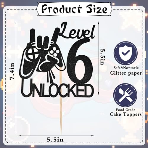 Level 6 Unlocked Cake Topper | Black Glitter Video Game Decor