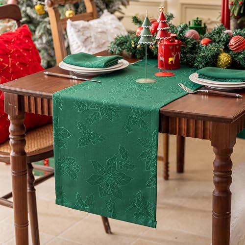 Joyfol Day Christmas Table Runner Waterproof Jacquard Poinsettia 14x36 Inch - Green