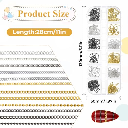 Metal Nail Art Chains 12 Pcs 3D Gold Silver Gray Nail Charms with Box